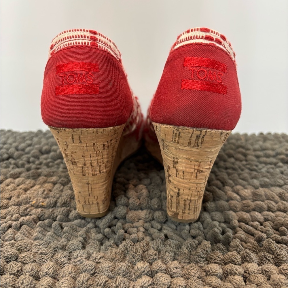 TOMS Women's Red and White Peep Toe Espadrilles - Picture 2 of 6
